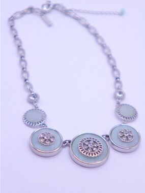 White House Black Market Silver-Tone Mint Disc Necklace with Crystal Accents